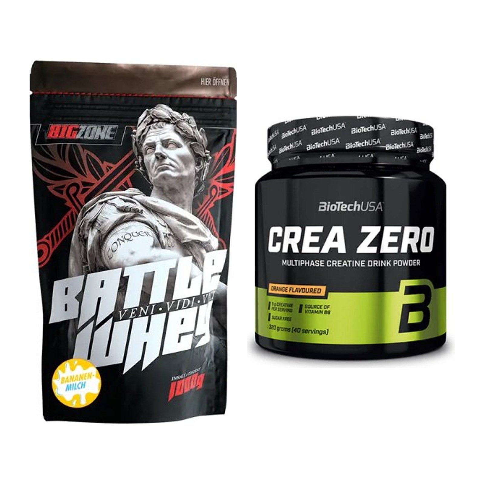 Muskelaufbau-Set: Big Zone Battle Whey + BioTech Crea Zero 320g – alle enthaltenen Artikel