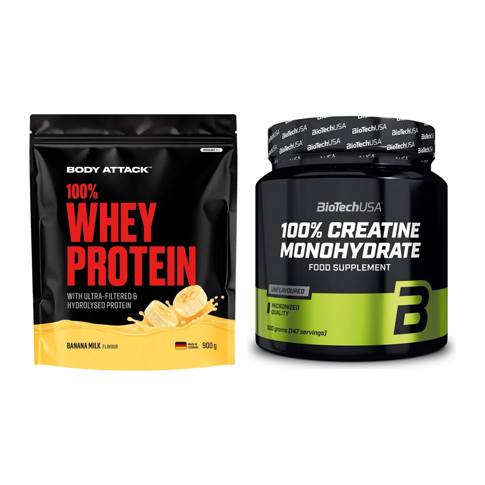 Muskelaufbau-Set: Body Attack 100% Whey + BioTech Creatine – alle enthaltenen Artikel