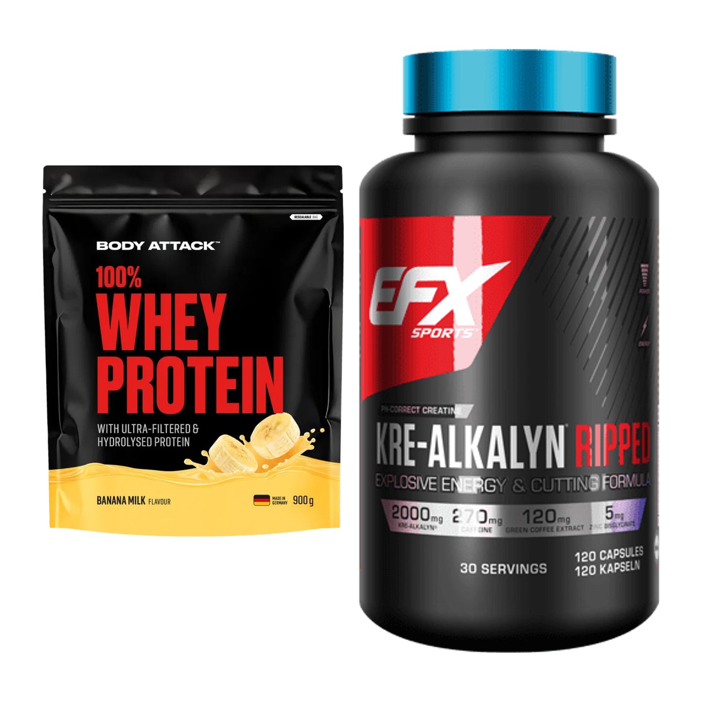 Muskelaufbau-Set: Body Attack 100% Whey + EFX Kre-Alkalyn Ripped – alle enthaltenen Artikel