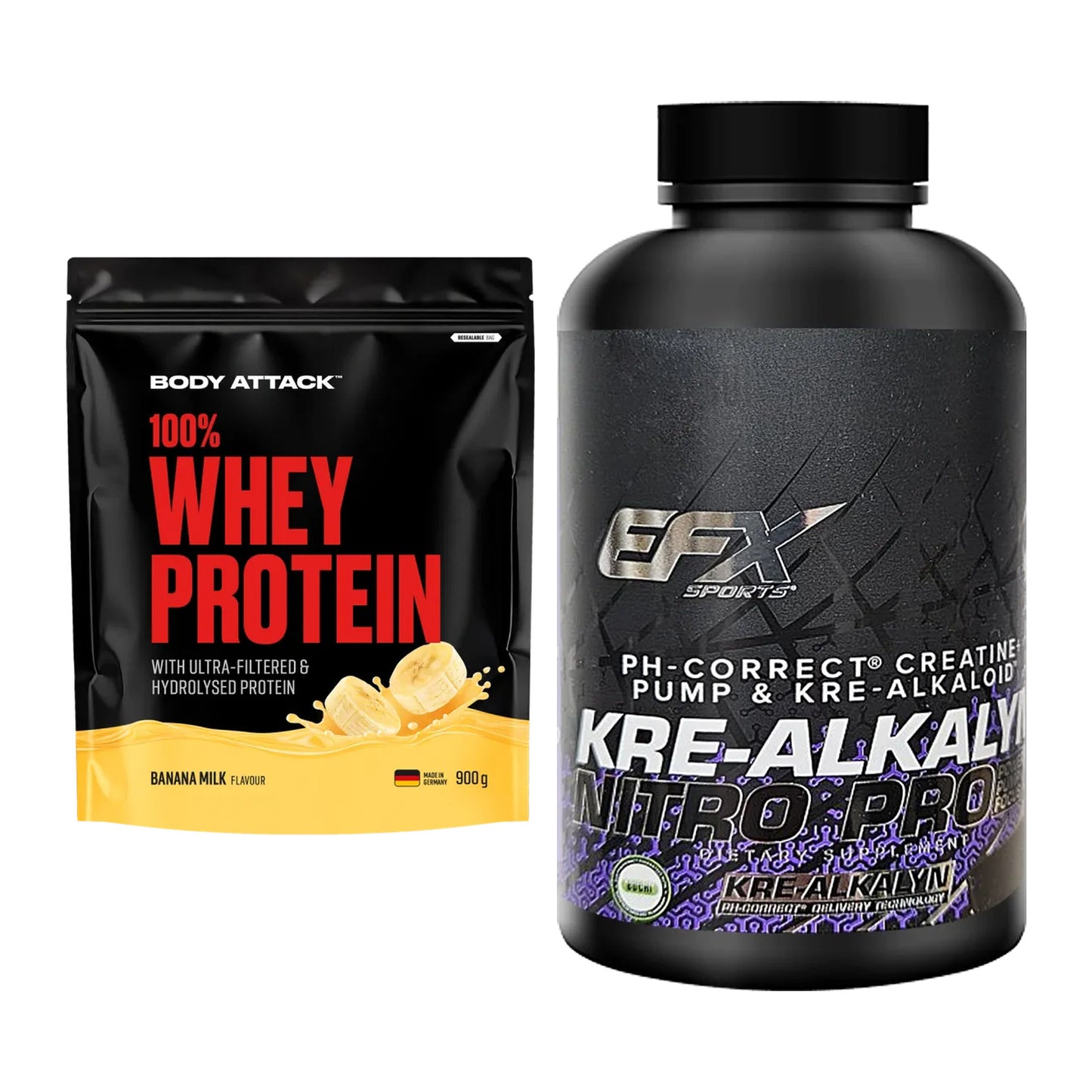 Muskelaufbau-Set: Body Attack 100% Whey + EFX Kre-Alkalyn Nitro – alle enthaltenen Artikel