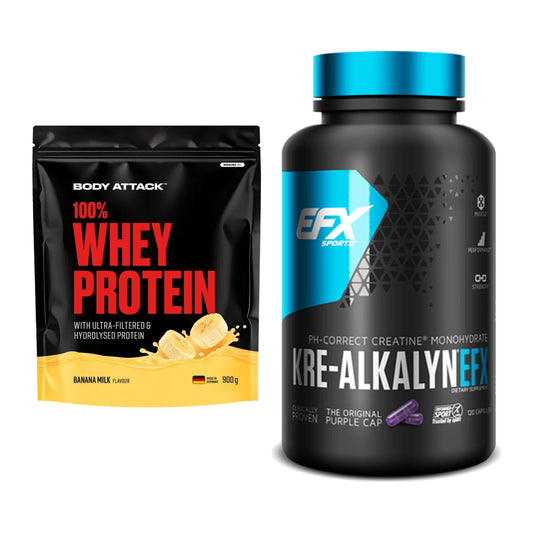 Muskelaufbau-Set: Body Attack 100% Whey Protein 900g + EFX Kre-Alkalyn – alle enthaltenen Artikel