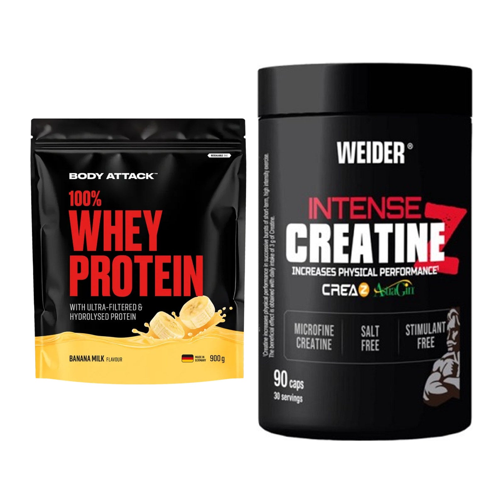 Muskelaufbau-Set: Body Attack 100% Whey + Weider Intense Pure – alle enthaltenen Artikel