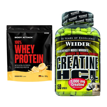 Muskelaufbau-Set: Body Attack 100% Whey Protein + Weider Creatin HCL – alle enthaltenen Artikel
