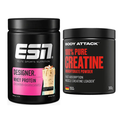 Muskelaufbau-Set: ESN Designer Whey + Body Attack 100% Pure Creatine – alle enthaltenen Artikel