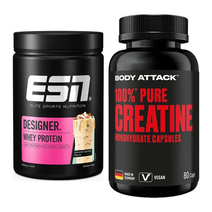 Muskelaufbau-Set: ESN Designer Whey + Body Attack 100% Pure Creatine – alle enthaltenen Artikel