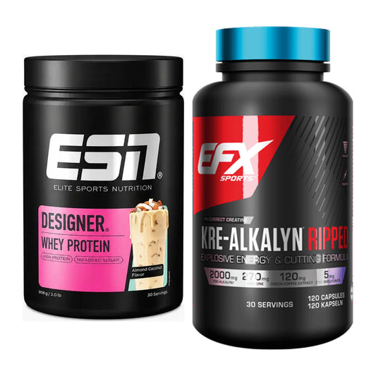 Muskelaufbau-Set: ESN Designer Whey + EFX Kre-Alkalyn Ripped Kapsel – alle enthaltenen Artikel
