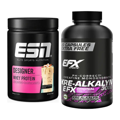 Muskelaufbau-Set: ESN Designer Whey + EFX Kre-Alkalyn 3000 – alle enthaltenen Artikel