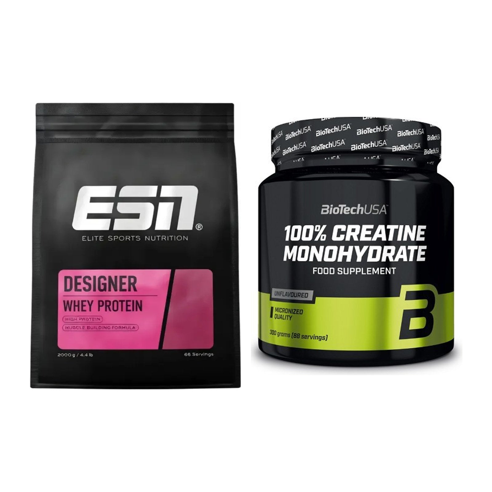 Muskelaufbau-Set: ESN Designer Whey + BioTech Creatine Monohydrate – alle enthaltenen Artikel