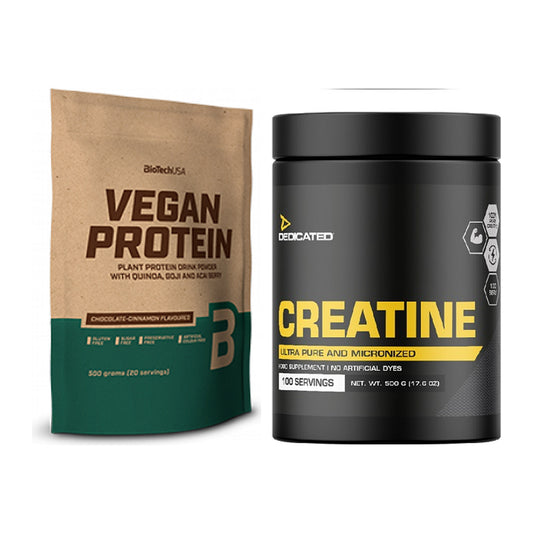 Muskelaufbau-Set: BioTech Vegan Protein 500g + Dedicated Creatine – alle enthaltenen Artikel