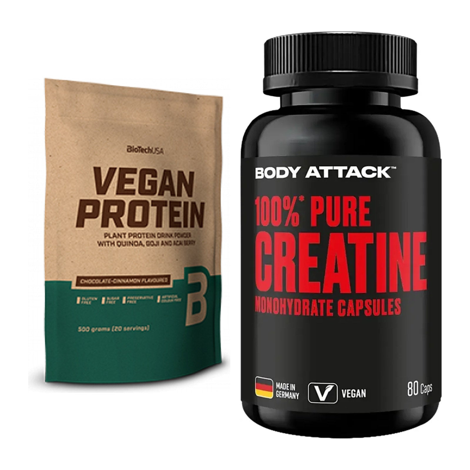 Muskelaufbau-Set: BioTech Vegan Protein + Body Attack 100% Pure – alle enthaltenen Artikel