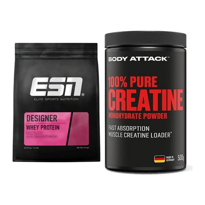 Muskelaufbau-Set: ESN Designer Whey + Body Attack 100% Pure Creatine – alle enthaltenen Artikel