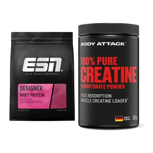 Muskelaufbau-Set: ESN Designer Whey + Body Attack 100% Pure Creatine – alle enthaltenen Artikel