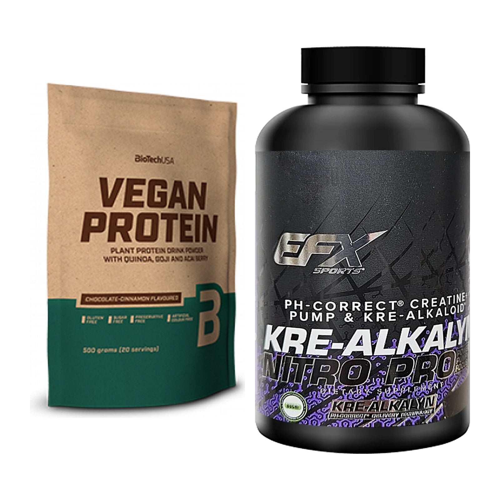 Muskelaufbau-Set: BioTech Vegan Protein + EFX Kre-Alkalyn Nitro PRO – alle enthaltenen Artikel