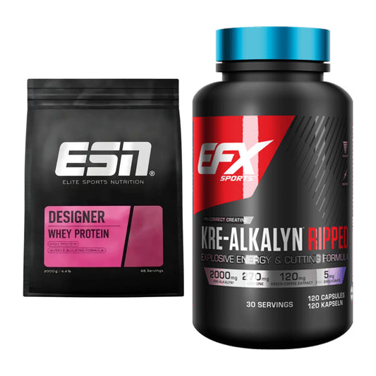 Muskelaufbau-Set: ESN Designer Whey + EFX Kre-Alkalyn Ripped Kapsel – alle enthaltenen Artikel