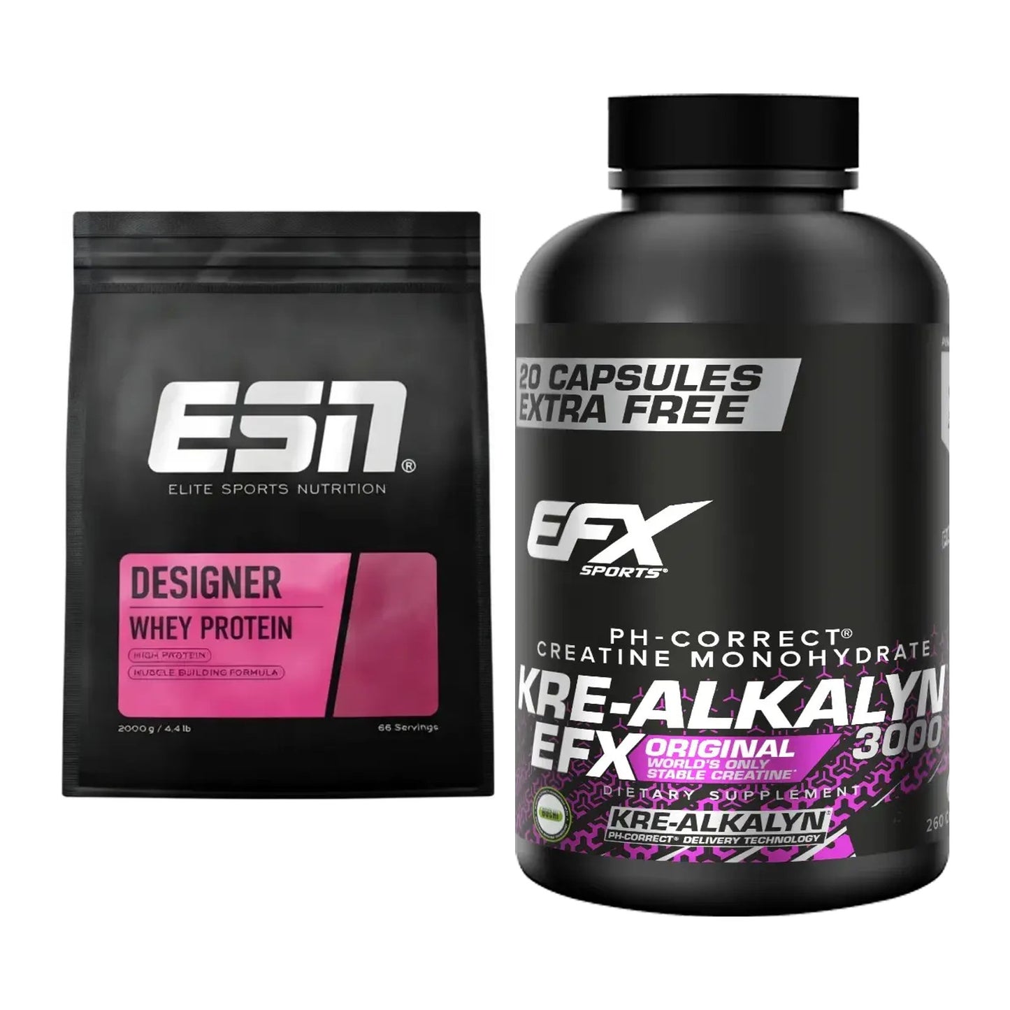 Muskelaufbau-Set: ESN Designer Whey + EFX Kre-Alkalyn 3000 – alle enthaltenen Artikel