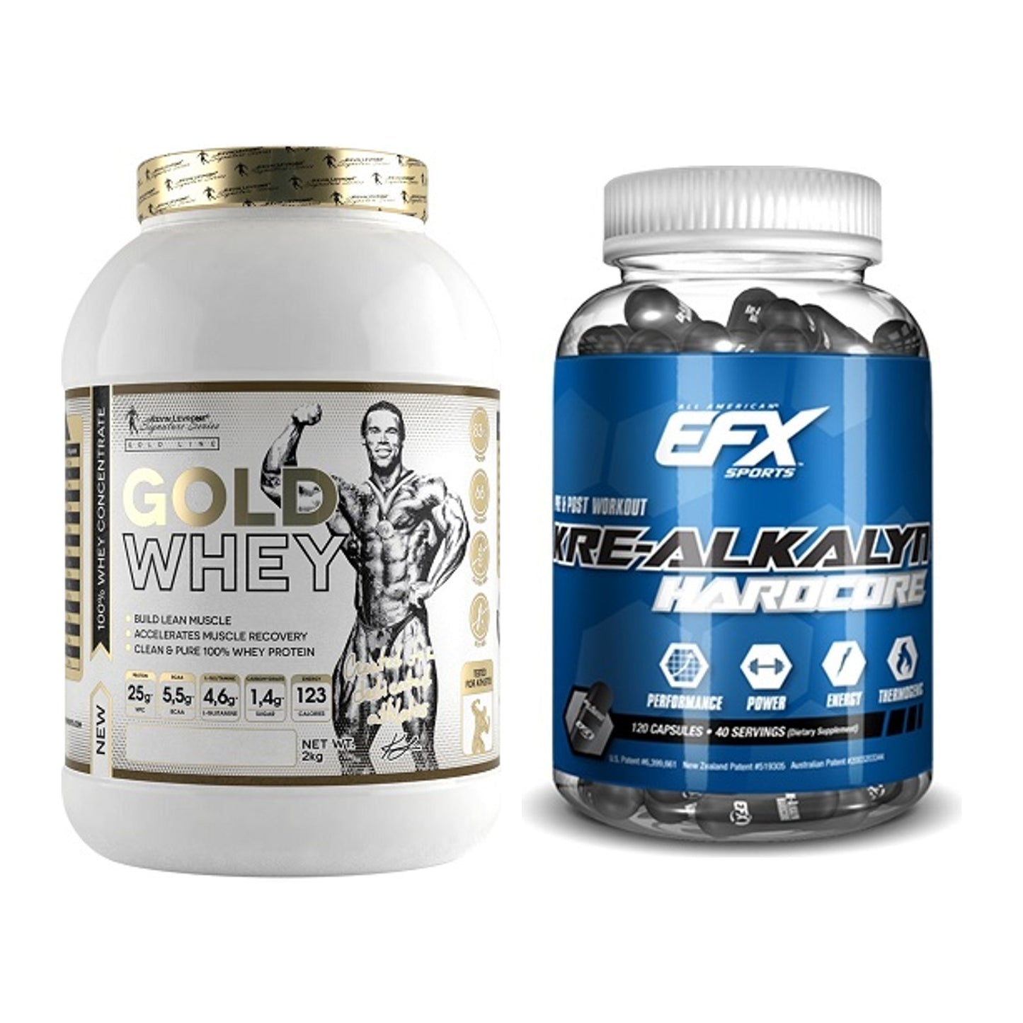 Muskelaufbau-Set: Kevin Levrone Gold Whey + EFX Kre-Alkalyn Hardcore – alle enthaltenen Artikel