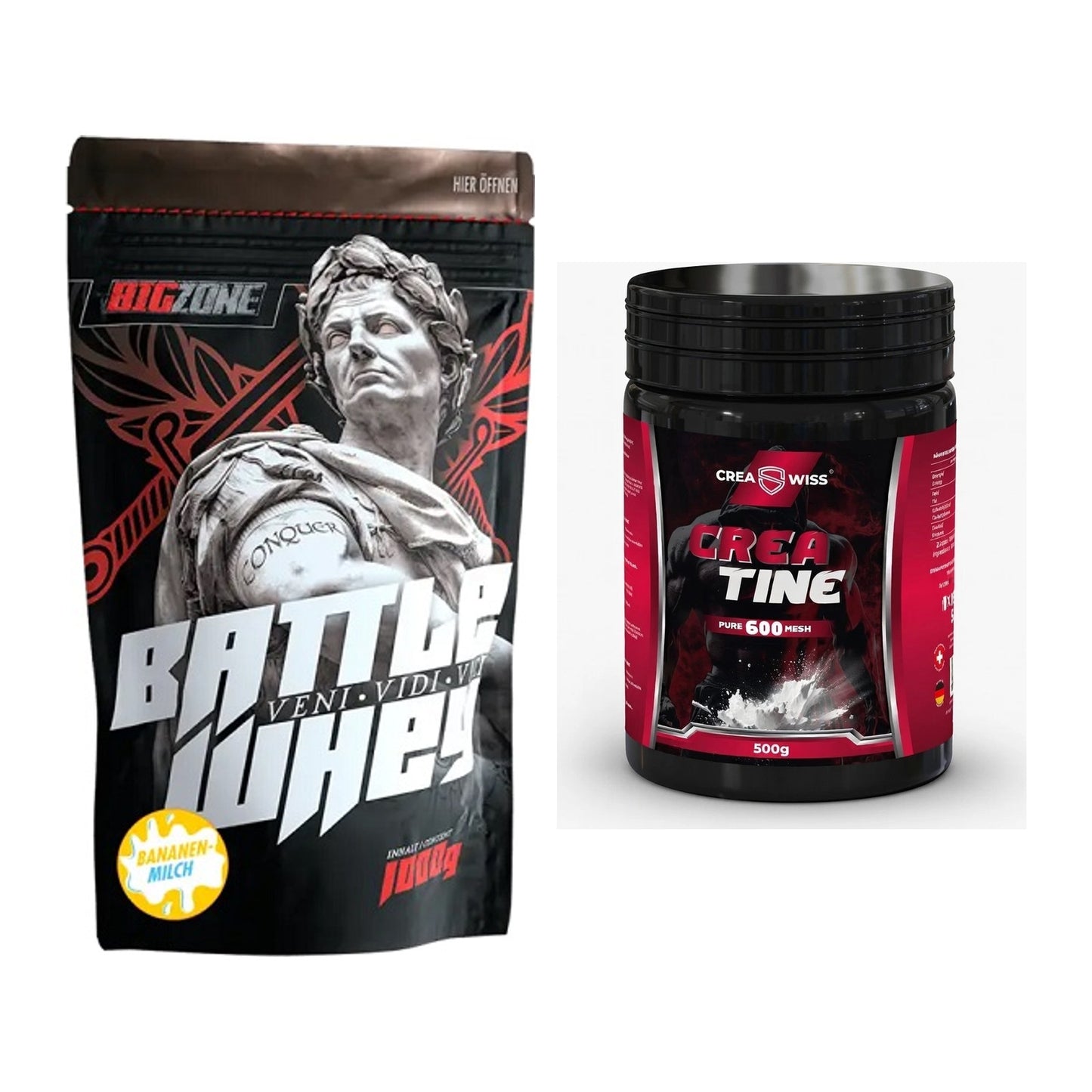 Muskelaufbau-Set: Big Zone Battle Whey + CREASWISS Creatine 600 Mesh – alle enthaltenen Artikel
