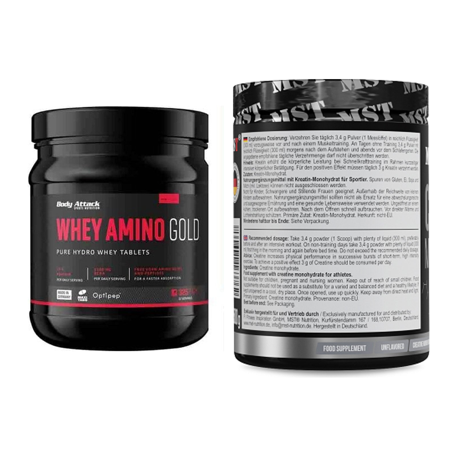 Muskelaufbau-Set: Body Attack Whey Amino + MST Creatin Monohydrate – alle enthaltenen Artikel