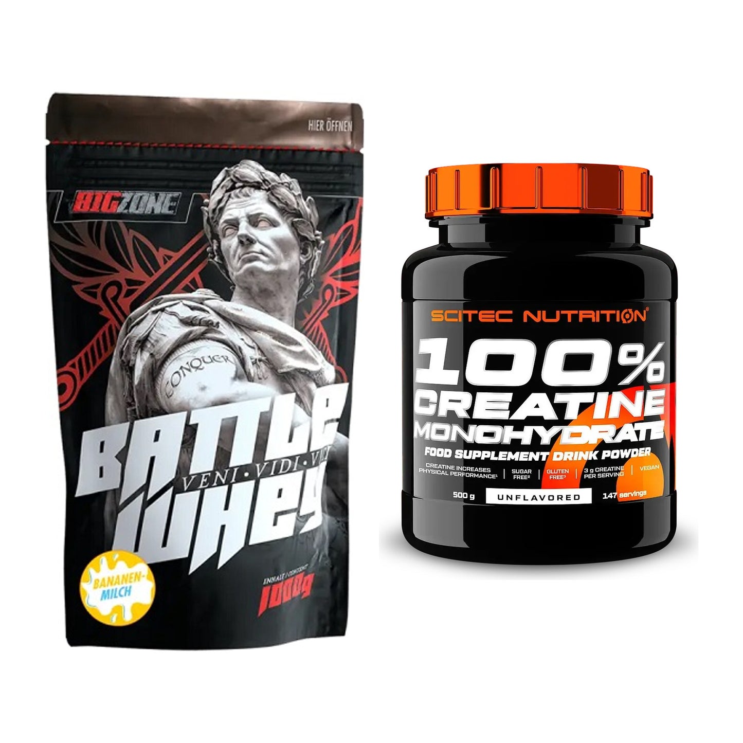 Muskelaufbau-Set: Big Zone Battle Whey + Scitec Creatine Monohydrate – alle enthaltenen Artikel