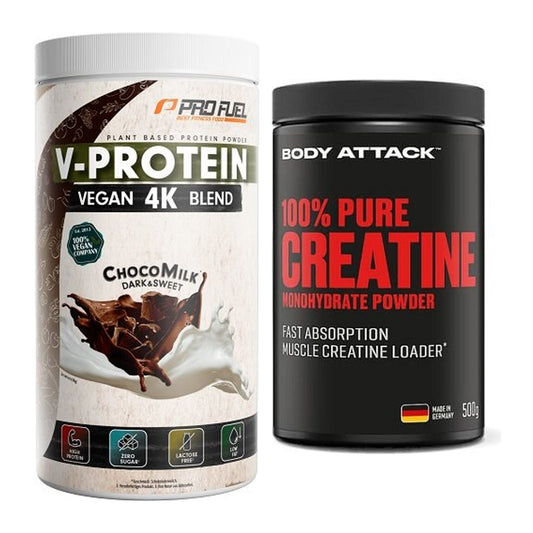 Muskelaufbau-Set: ProFuel V-PROTEIN vegan + Body Attack 100% Pure – alle enthaltenen Artikel