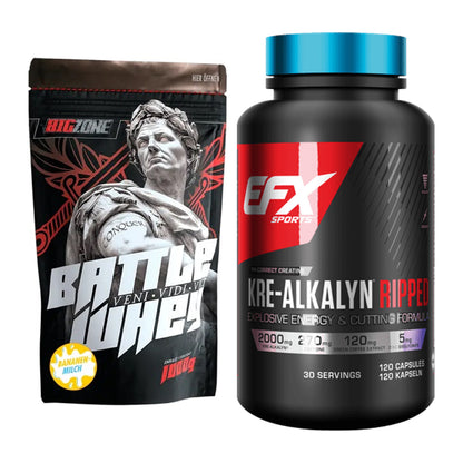 Muskelaufbau-Set: Big Zone Battle Whey + EFX Kre-Alkalyn Ripped Kapsel – alle enthaltenen Artikel