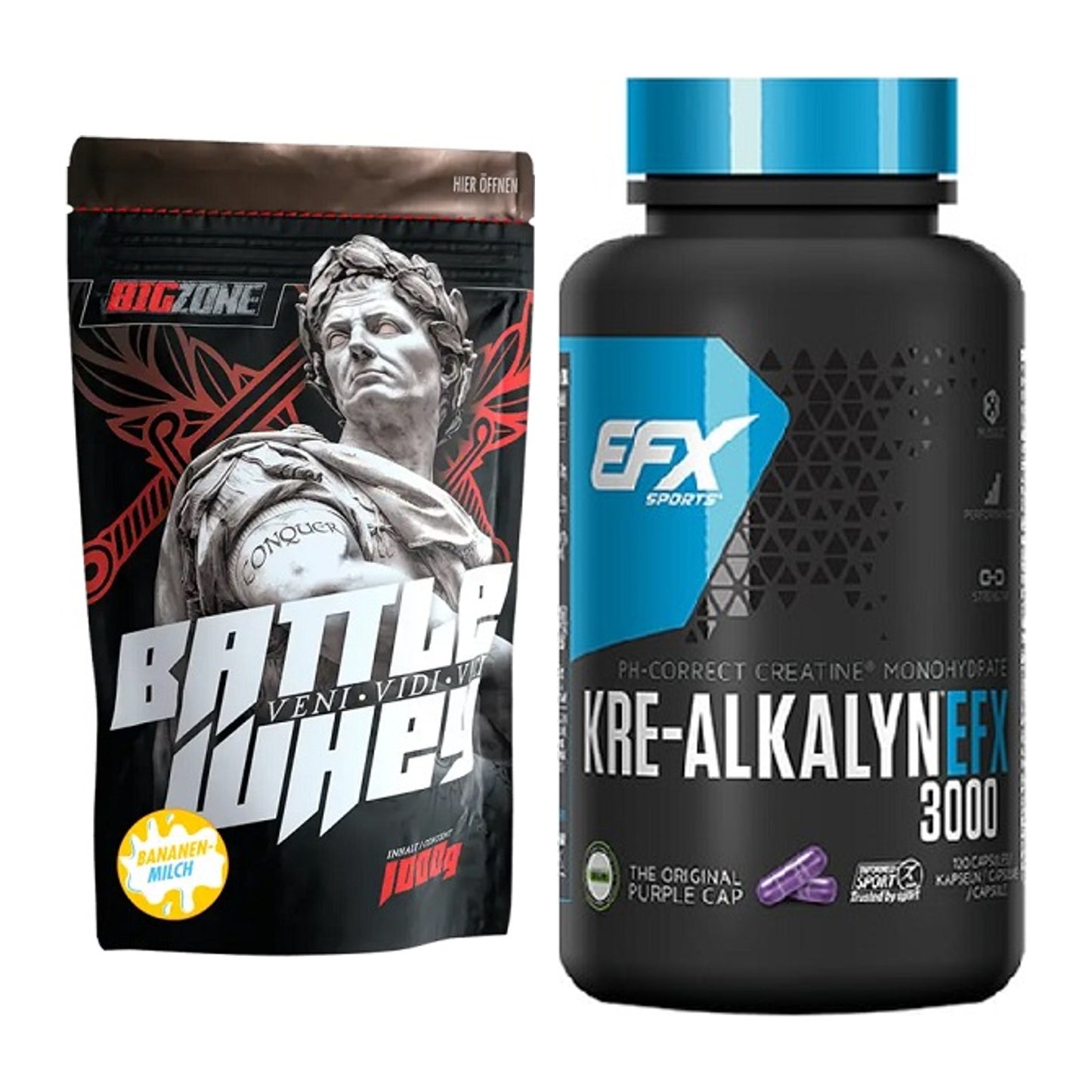 Muskelaufbau-Set: Big Zone Battle Whey + EFX Kre-Alkalyn 3000 – alle enthaltenen Artikel
