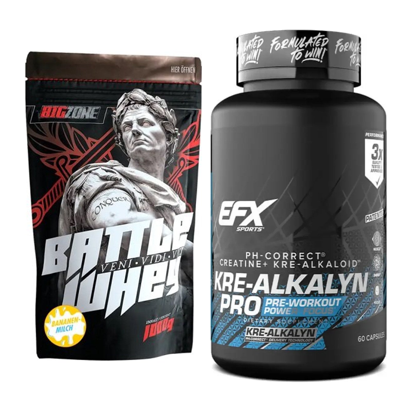 Muskelaufbau-Set: Big Zone Battle Whey 1000g + EFX Kre-Alkalyn PRO – alle enthaltenen Artikel