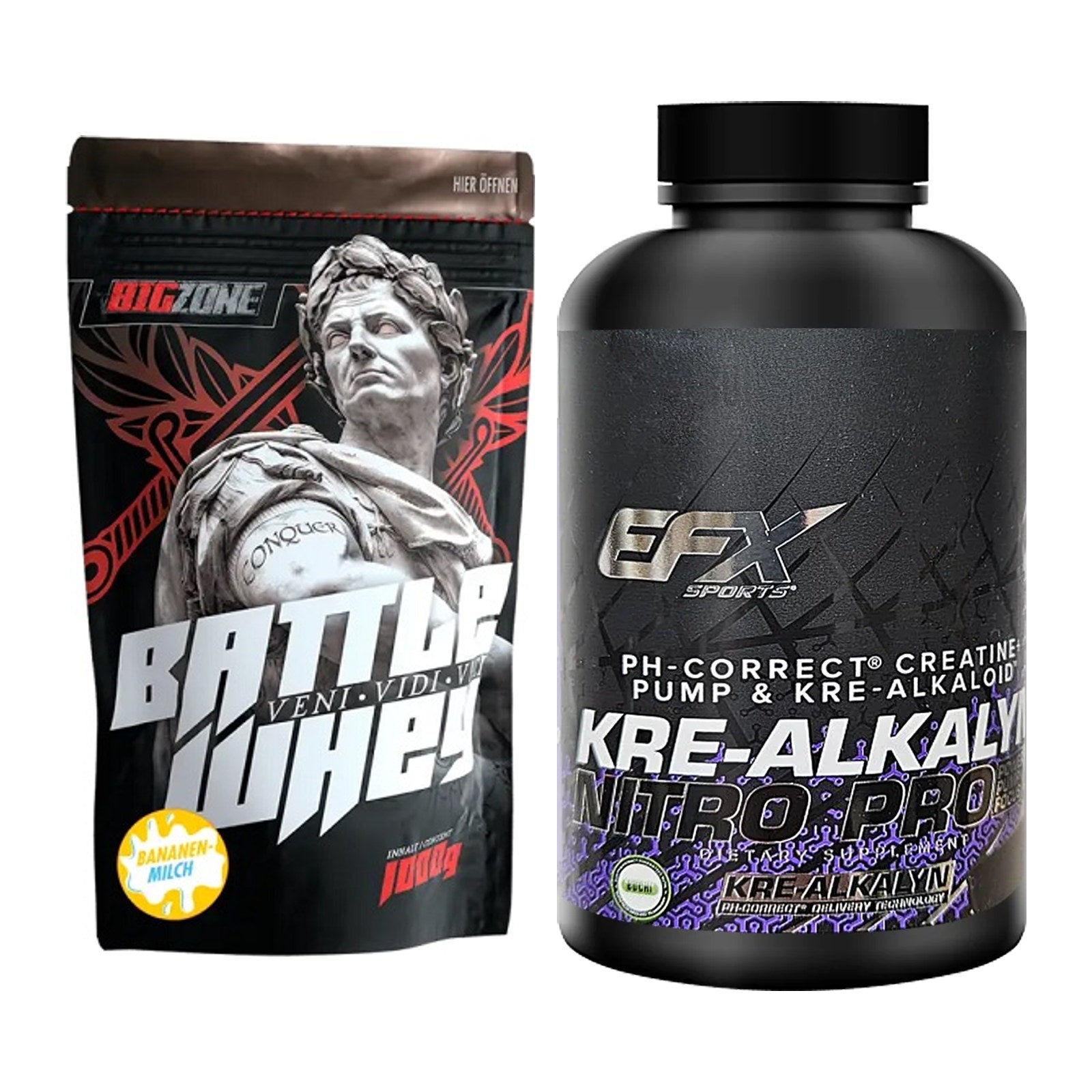 Muskelaufbau-Set: Big Zone Battle Whey + EFX Kre-Alkalyn Nitro PRO – alle enthaltenen Artikel