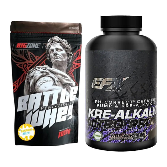 Muskelaufbau-Set: Big Zone Battle Whey + EFX Kre-Alkalyn Nitro PRO – alle enthaltenen Artikel