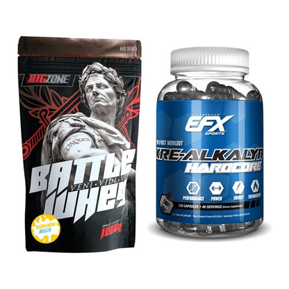 Muskelaufbau-Set: Big Zone Battle Whey + EFX Kre-Alkalyn Hardcore – alle enthaltenen Artikel