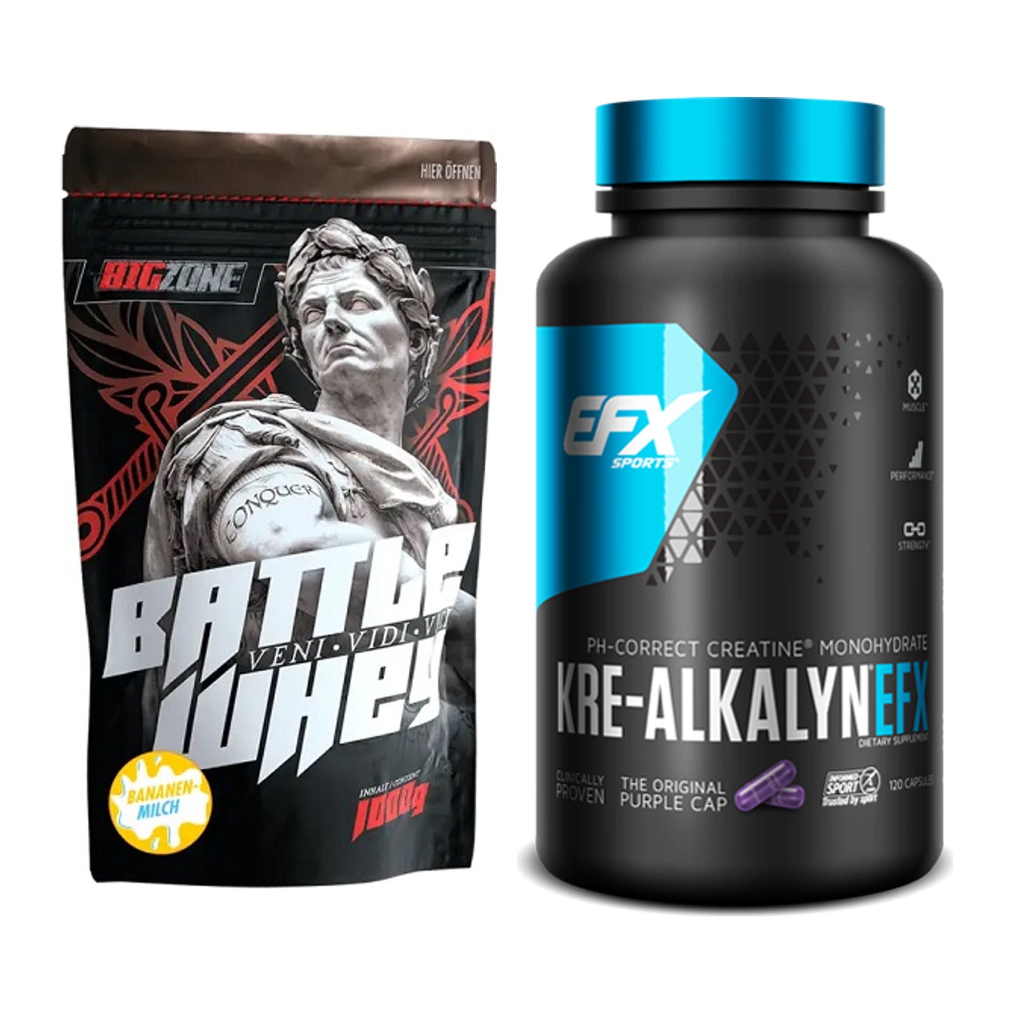 Muskelaufbau-Set: Big Zone Battle Whey + EFX Kre-Alkalyn – alle enthaltenen Artikel