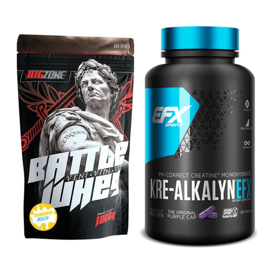 Muskelaufbau-Set: Big Zone Battle Whey 1000g + EFX Kre-Alkalyn – alle enthaltenen Artikel
