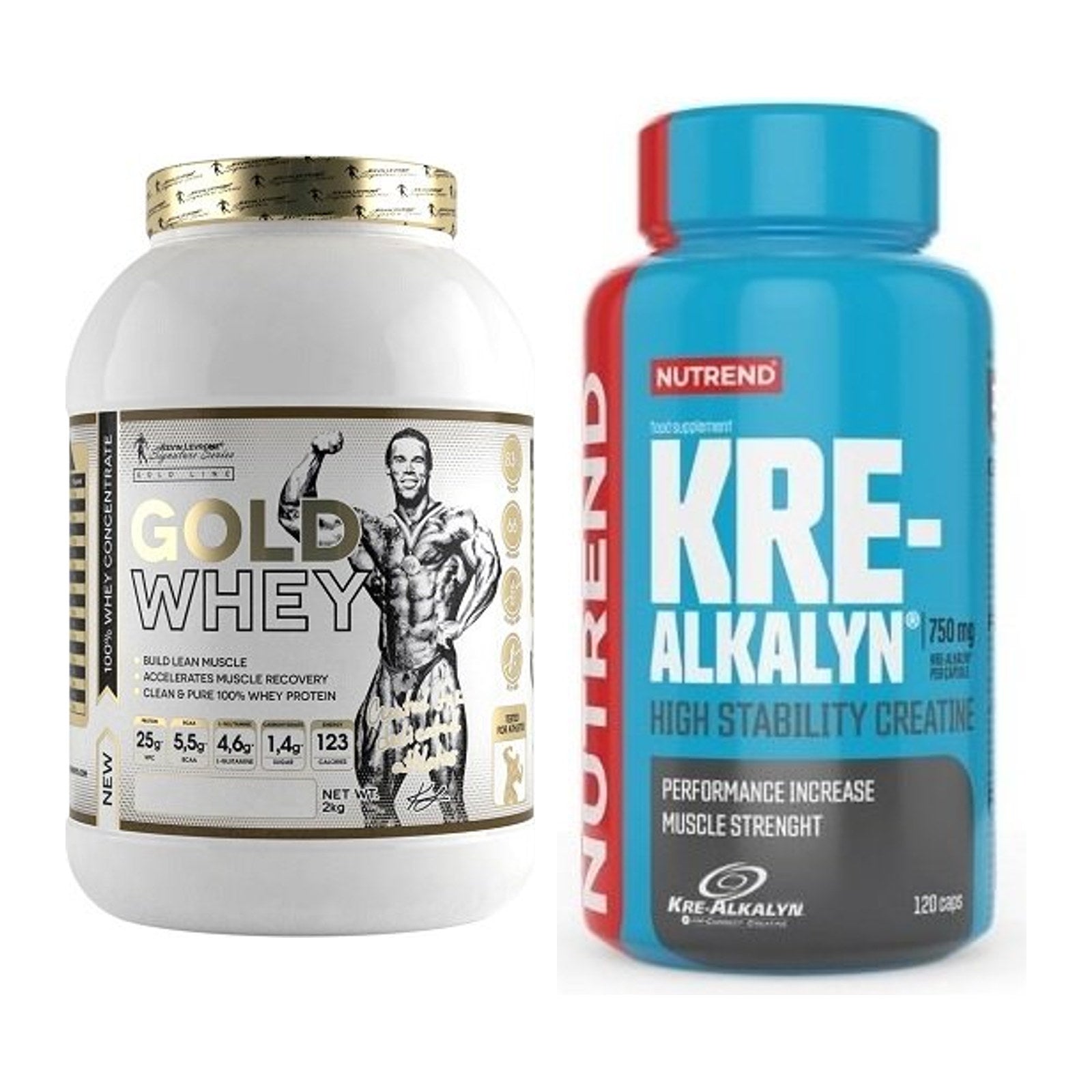 Muskelaufbau-Set: Kevin Levrone Gold Whey 2 kg + Nutrend Kre-Alkalyn – alle enthaltenen Artikel
