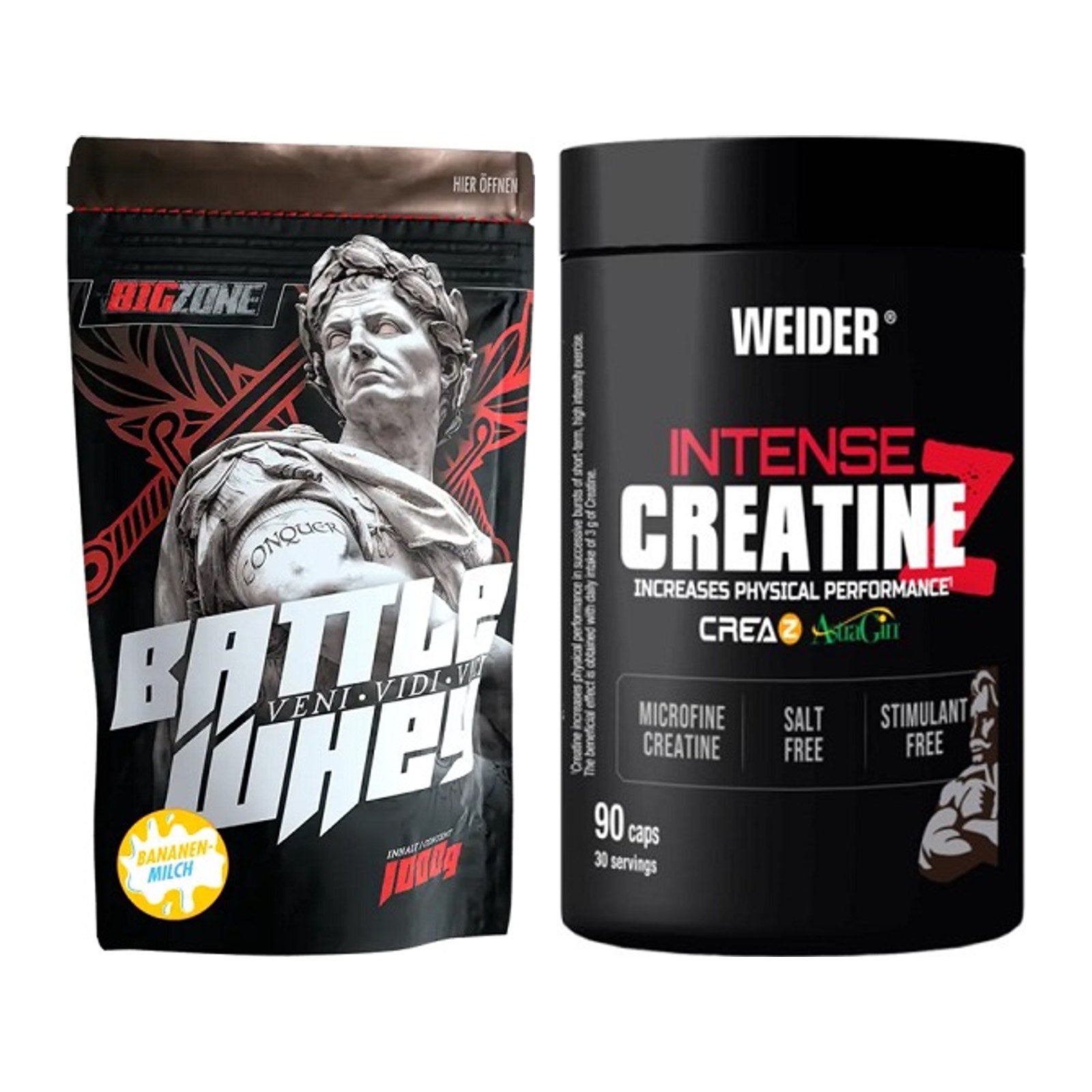 Muskelaufbau-Set: Big Zone Battle Whey + Weider Intense Pure Creatine – alle enthaltenen Artikel