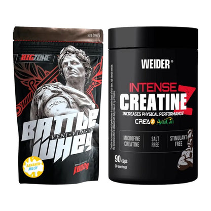 Muskelaufbau-Set: Big Zone Battle Whey + Weider Intense Pure Creatine – alle enthaltenen Artikel