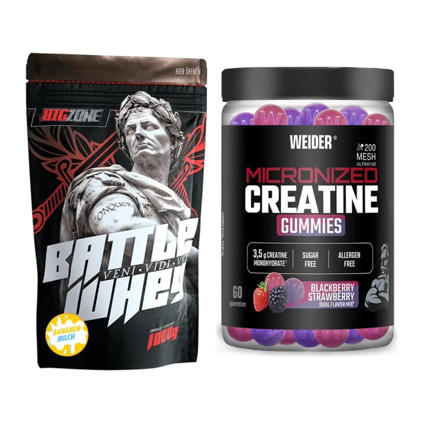 Muskelaufbau-Set: Big Zone Battle Whey + Weider Micronized – alle enthaltenen Artikel