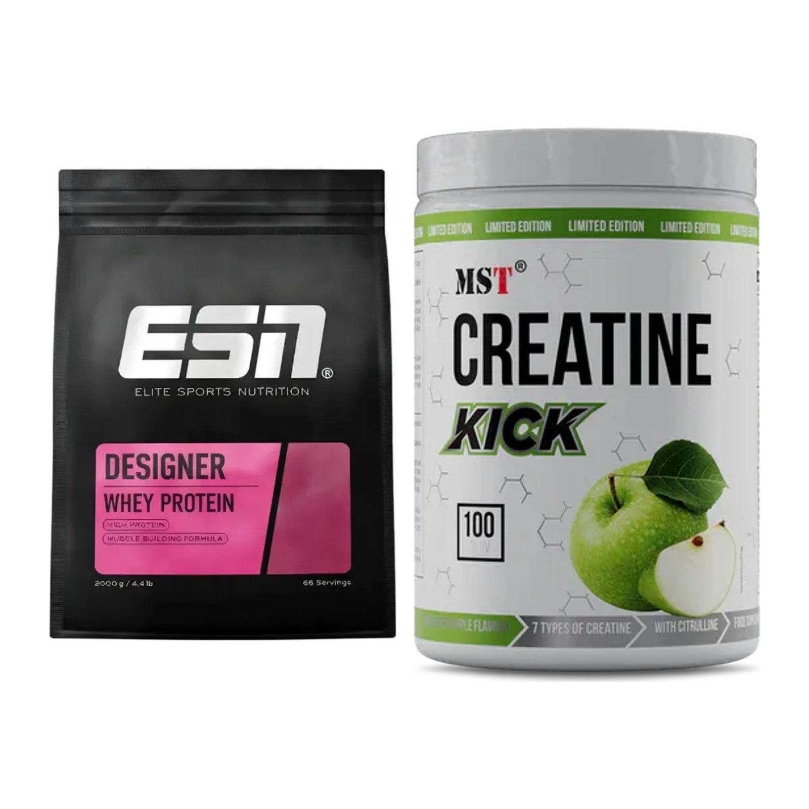 Muskelaufbau-Set: ESN Designer Whey + MST Creatine Kick – alle enthaltenen Artikel