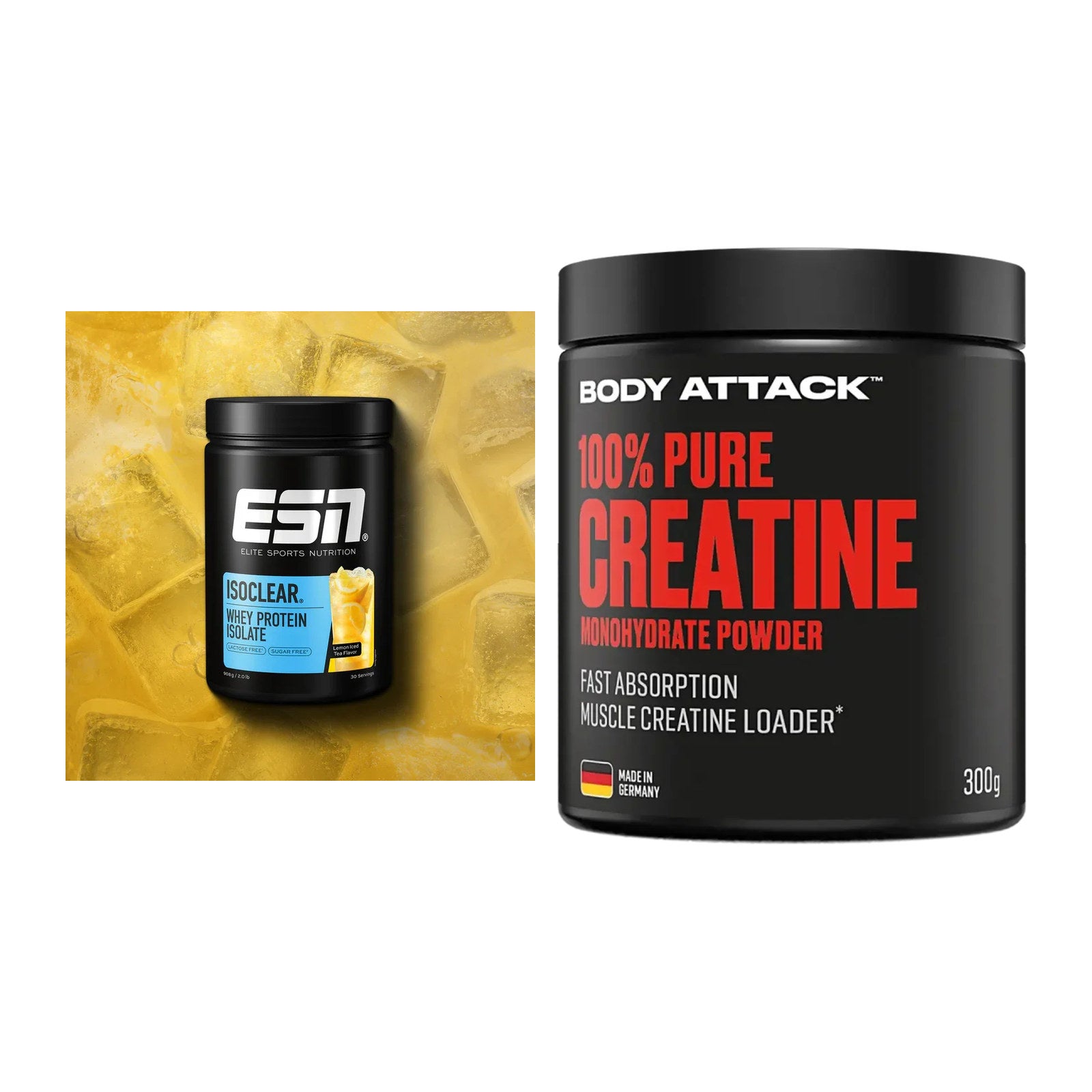 Muskelaufbau-Set: ESN ISOCLEAR Whey + Body Attack 100% Pure – alle enthaltenen Artikel