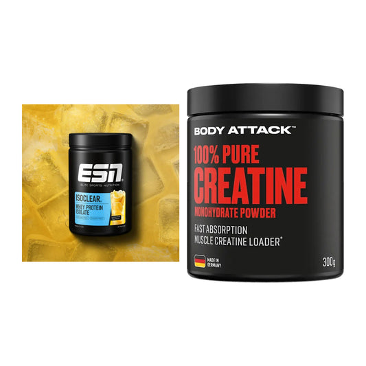 Muskelaufbau-Set: ESN ISOCLEAR Whey + Body Attack 100% Pure – alle enthaltenen Artikel