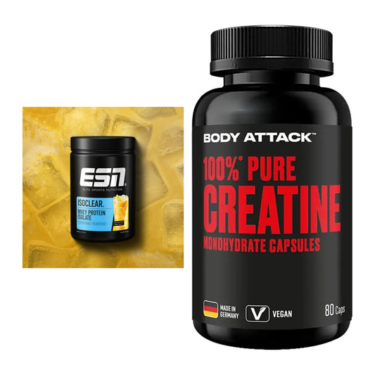 Muskelaufbau-Set: ESN ISOCLEAR Whey + Body Attack 100% Pure – alle enthaltenen Artikel