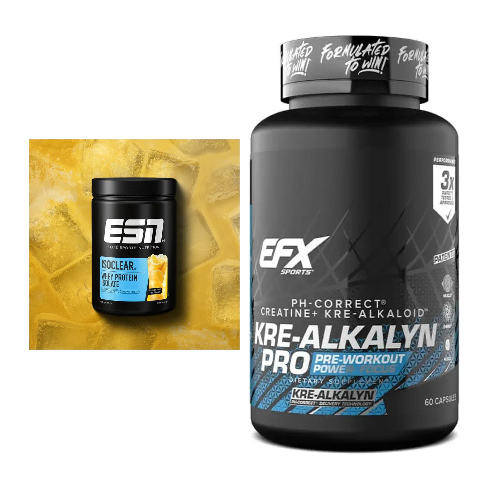 Muskelaufbau-Set: ESN ISOCLEAR Whey Isolate 908g + EFX Kre-Alkalyn PRO – alle enthaltenen Artikel