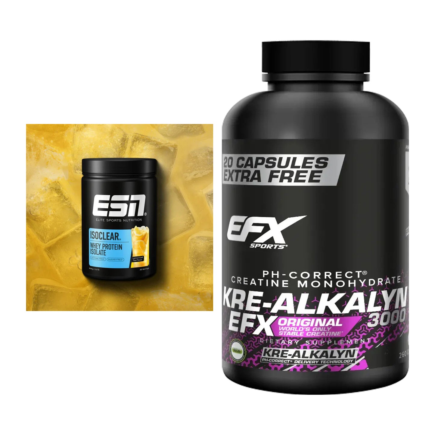 Muskelaufbau-Set: ESN ISOCLEAR Whey + EFX Kre-Alkalyn 3000 – alle enthaltenen Artikel