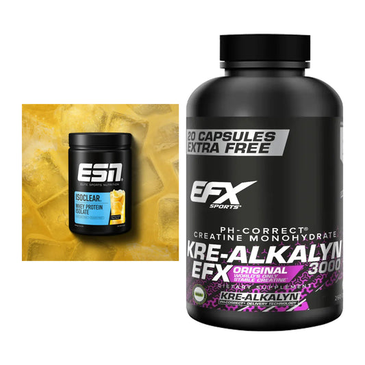 Muskelaufbau-Set: ESN ISOCLEAR Whey + EFX Kre-Alkalyn 3000 – alle enthaltenen Artikel