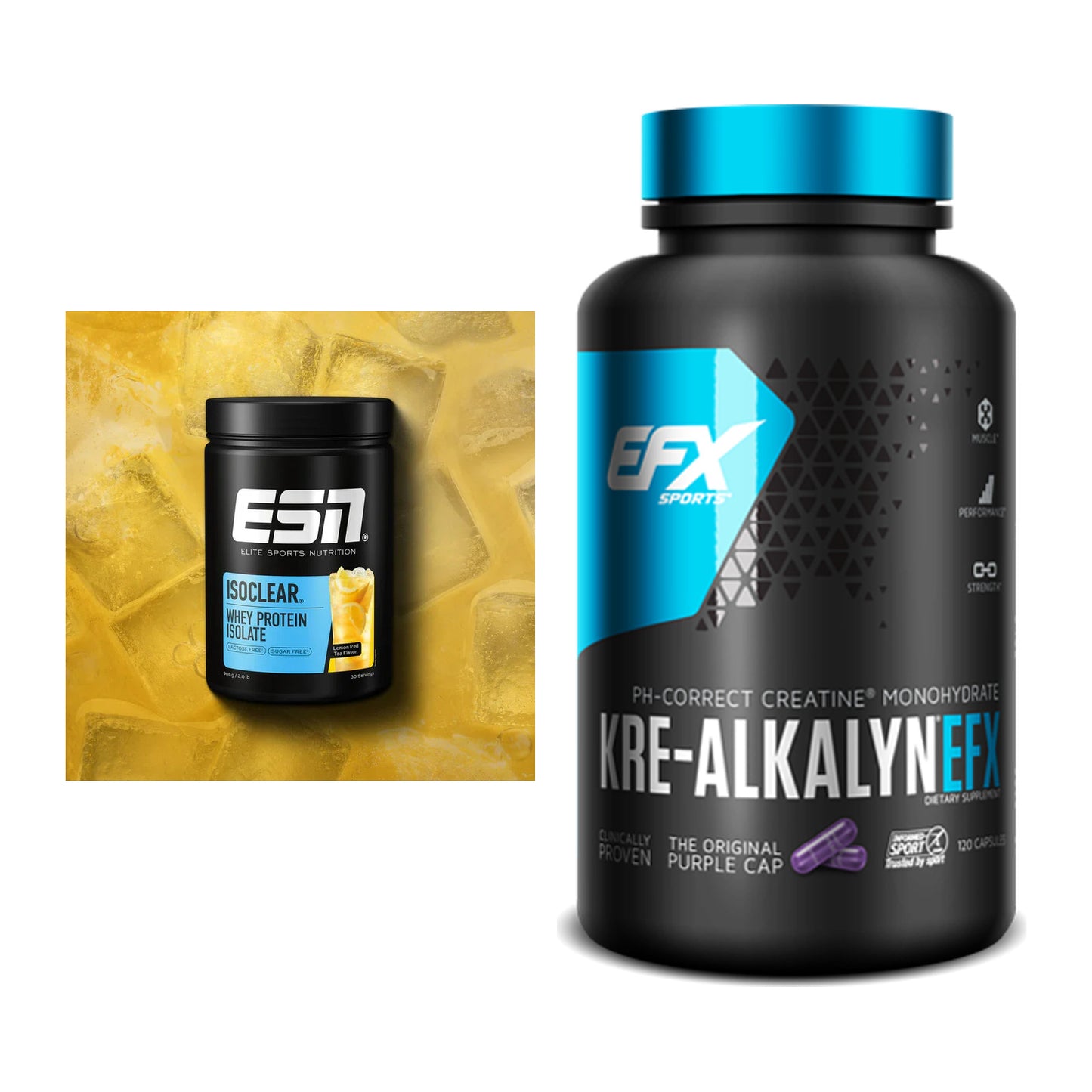 Muskelaufbau-Set: ESN ISOCLEAR Whey Isolate 908g + EFX Kre-Alkalyn – alle enthaltenen Artikel