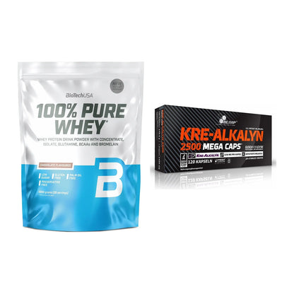 Muskelaufbau-Set: BioTech 100% Pure Whey + Olimp Kre Alkalyn 2500 – alle enthaltenen Artikel