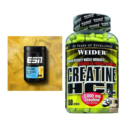 Muskelaufbau-Set: ESN ISOCLEAR Whey Isolate 908g + Weider Creatin HCL – alle enthaltenen Artikel