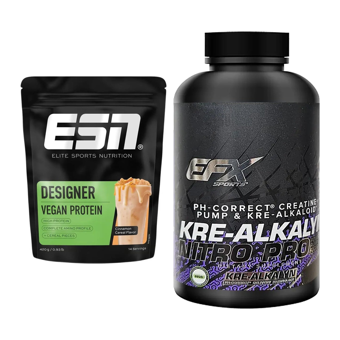 Muskelaufbau-Set: ESN Designer Vegan + EFX Kre-Alkalyn PRO 120 – alle enthaltenen Artikel