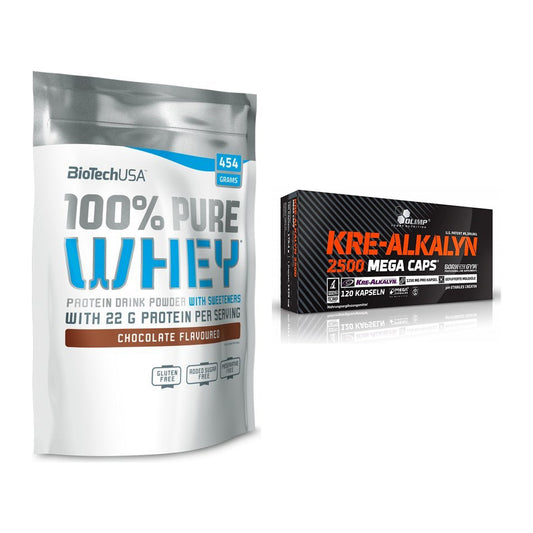 Muskelaufbau-Set: BioTech 100% Pure Whey + Olimp Kre Alkalyn 2500 – alle enthaltenen Artikel
