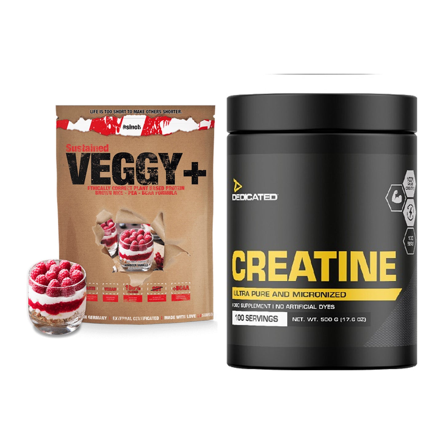 Muskelaufbau-Set: Sinob VEGGY + VEGAN PROTEIN + Dedicated Creatine – alle enthaltenen Artikel