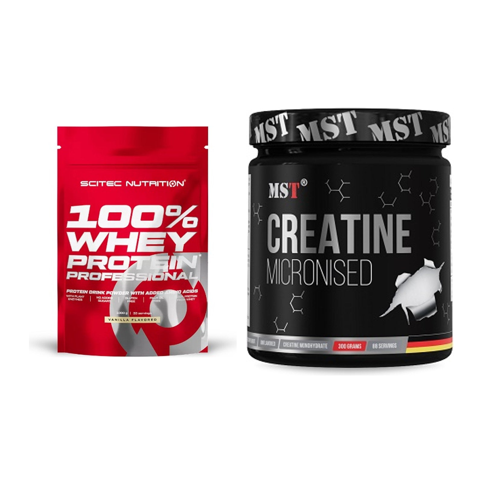Muskelaufbau-Set: Scitec 100% Whey Protein + MST Creatin Monohydrate – alle enthaltenen Artikel